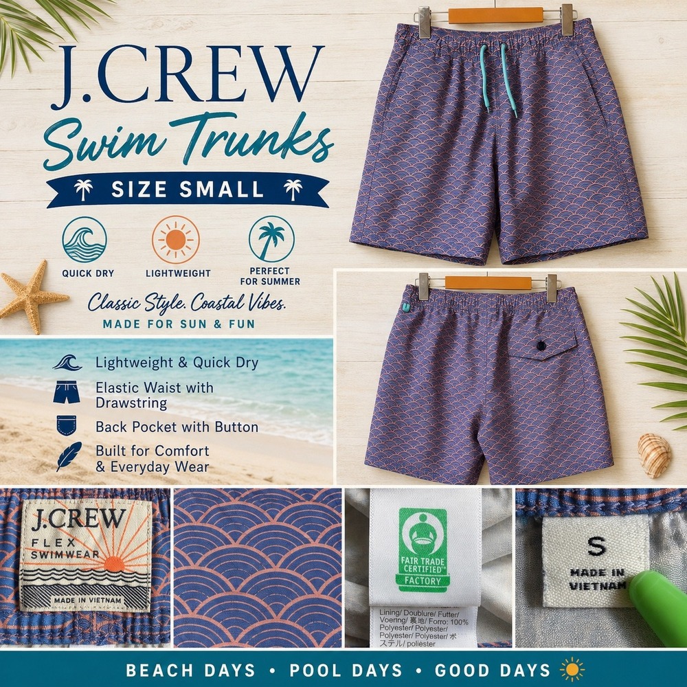 J.Crew Flex Swim Trunks Mens Small Purple Wave Print Quick Dry Board Shorts SMU